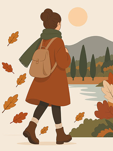 Illustration vectorielle d'une femme de dos, vêtue d'un manteau terracotta et d'une écharpe verte, se promenant dans un paysage automnal.