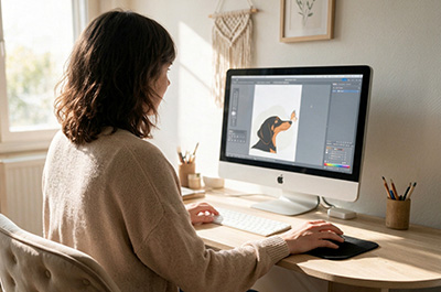 Photographe et illustratrice travaillant sur une illustration numérique dans son studio créatif.