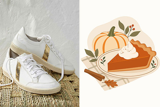 Photographie de baskets blanches aux détails dorés, présentée à côté d'une illustration vectorielle de tarte à la citrouille.